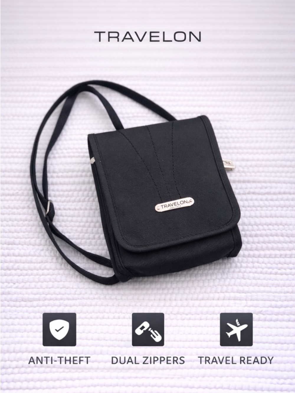 Travelon Black Mini Crossbody Pouch Anti-Theft Dual Zip Travel Bag
